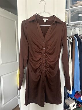 H&M Brown Long-Sleeve Ruched Front Shirt Dress